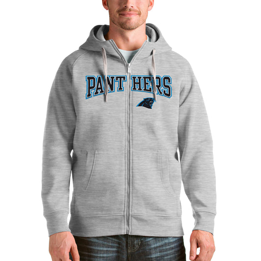 Men's Antigua Heathered Gray Carolina Panthers Wordmark Victory Full-Zip Hoodie