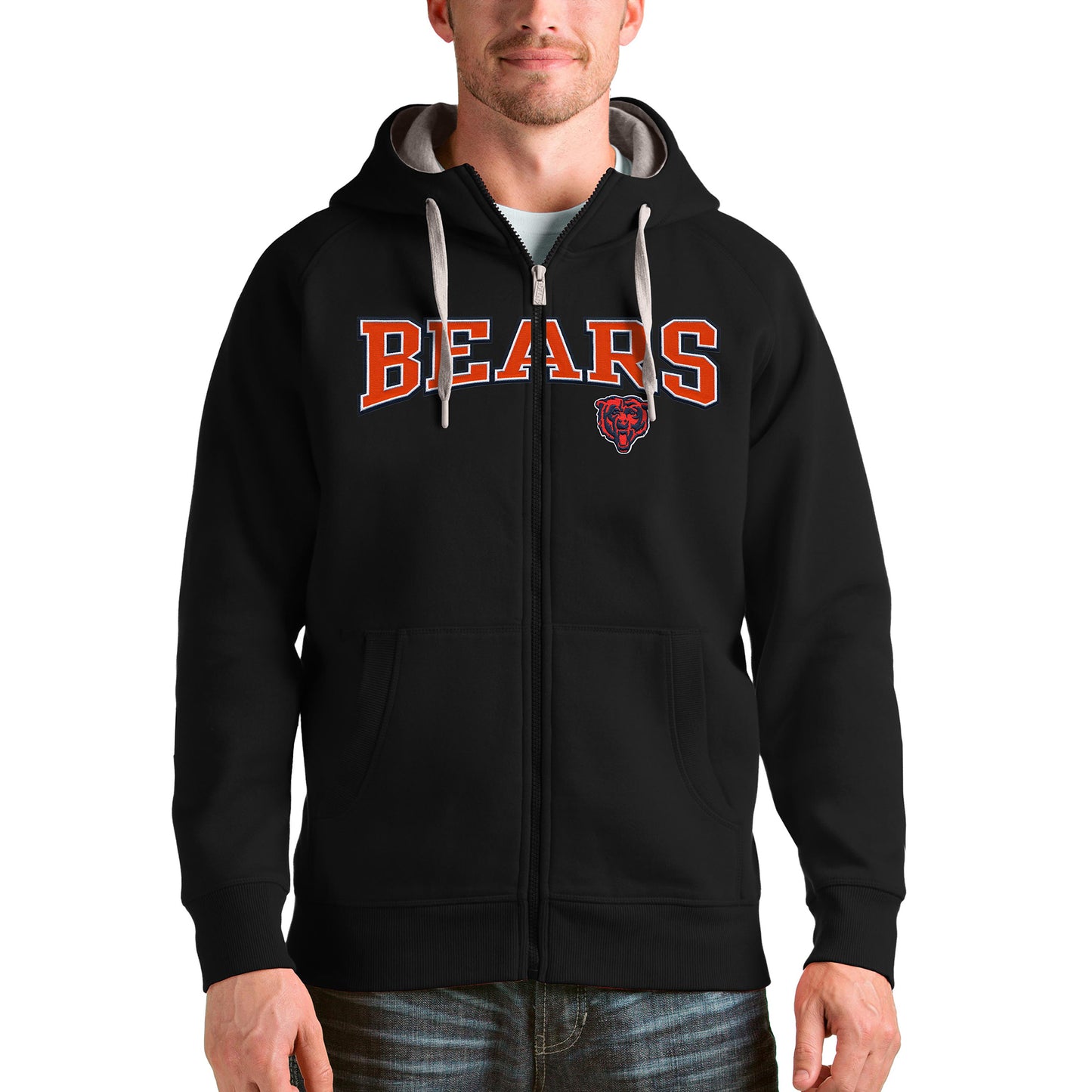 Men's Antigua Black Chicago Bears Wordmark Victory Full-Zip Hoodie