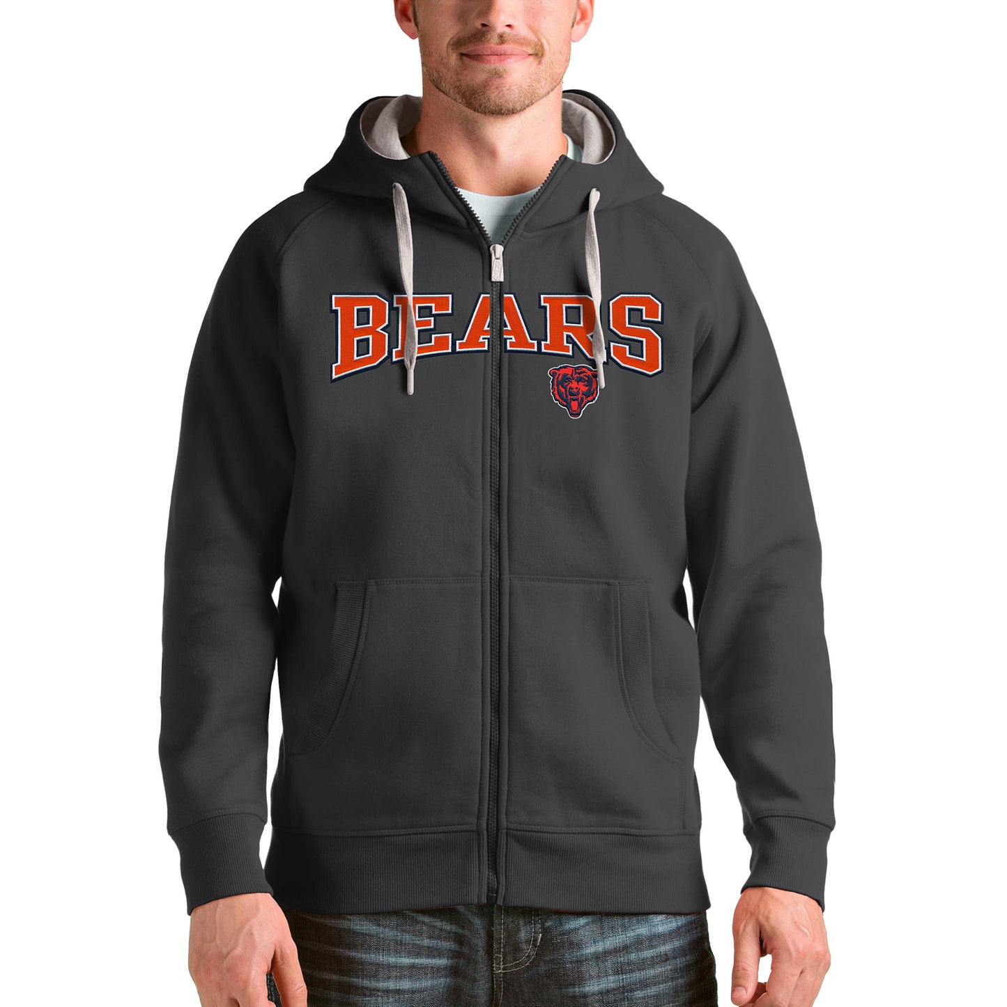 Men's Antigua Charcoal Chicago Bears Wordmark Victory Full-Zip Hoodie