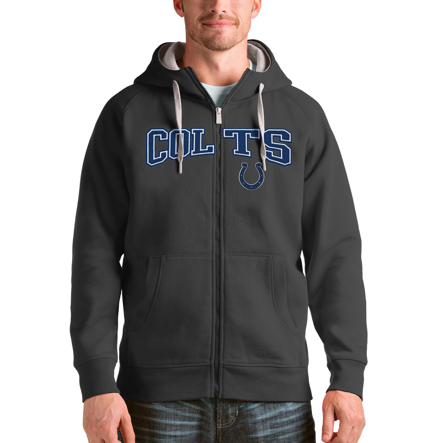 Men's Antigua Charcoal Indianapolis Colts Wordmark Victory Full-Zip Hoodie