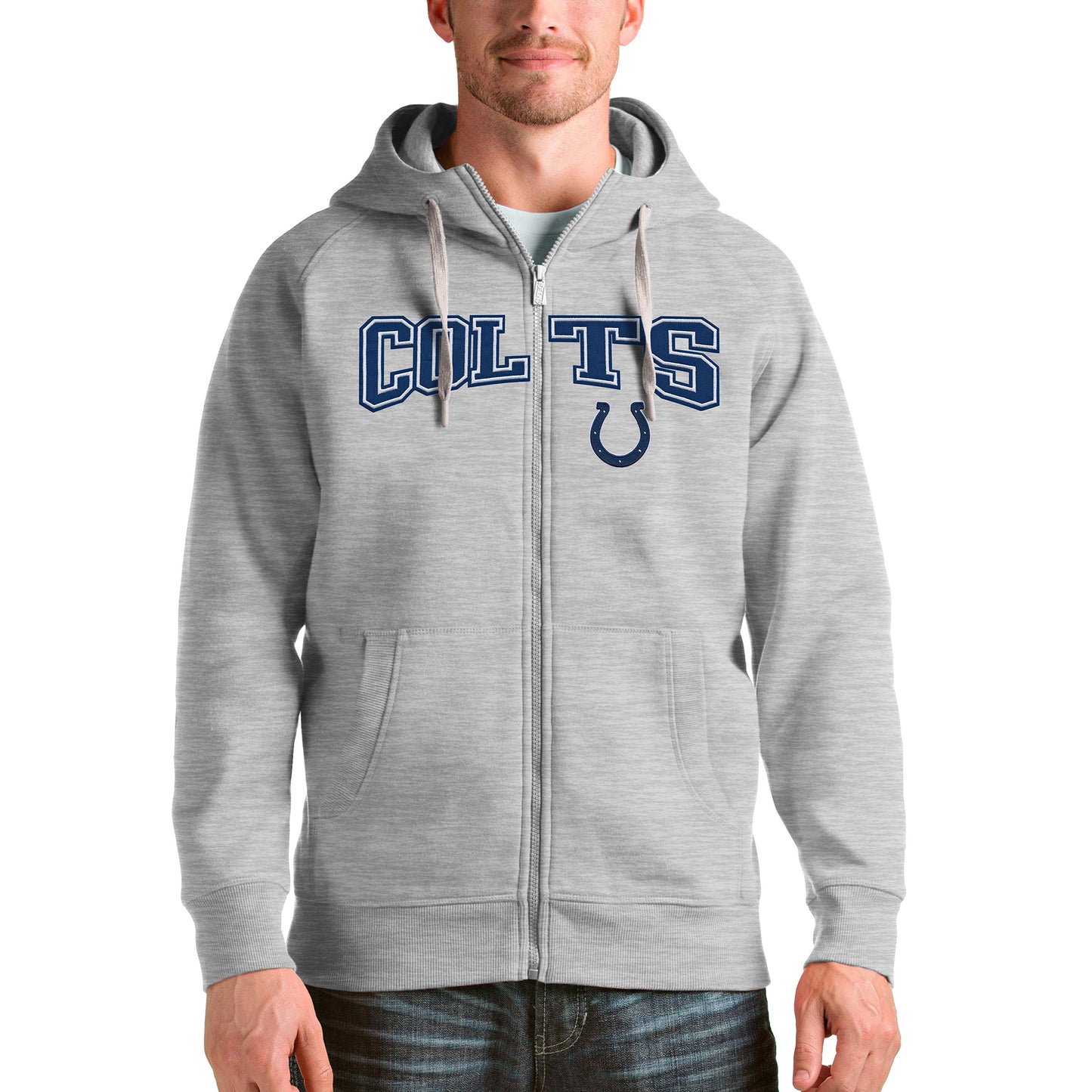 Men's Antigua Heathered Gray Indianapolis Colts Wordmark Victory Full-Zip Hoodie