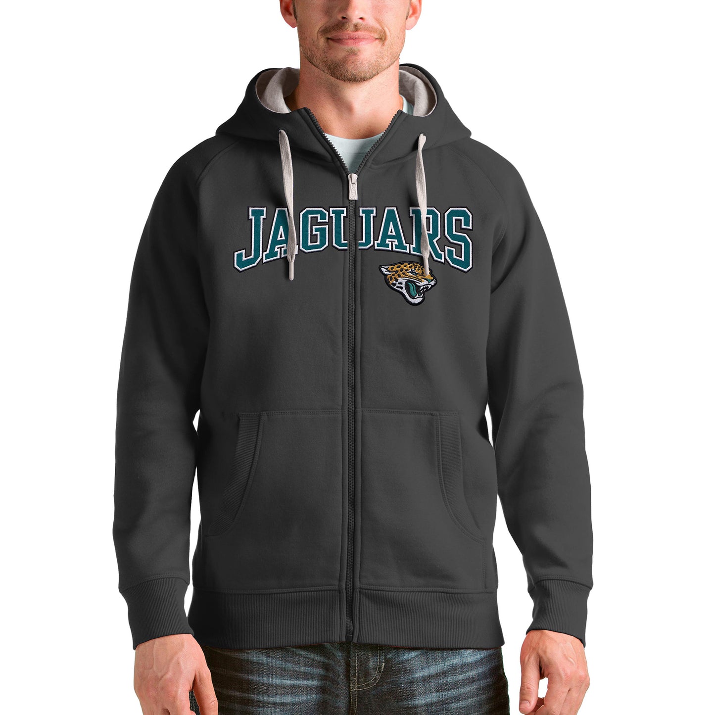 Men's Antigua Charcoal Jacksonville Jaguars Wordmark Victory Full-Zip Hoodie