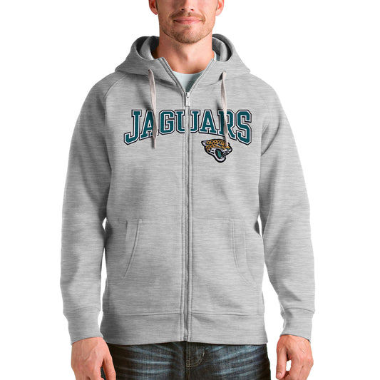 Men's Antigua Heathered Gray Jacksonville Jaguars Wordmark Victory Full-Zip Hoodie