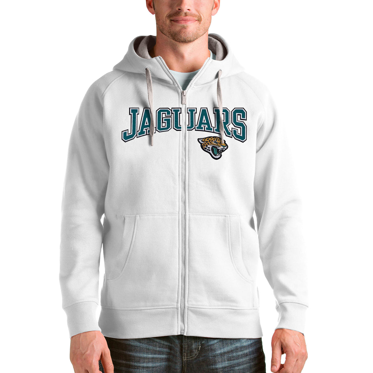 Men's Antigua White Jacksonville Jaguars Wordmark Victory Full-Zip Hoodie