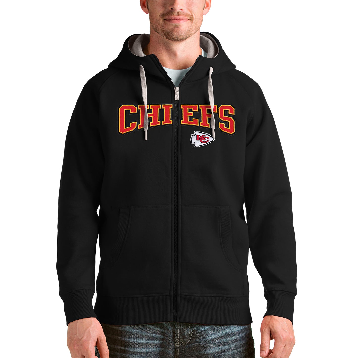 Men's Antigua Black Kansas City Chiefs Wordmark Victory Full-Zip Hoodie