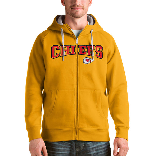 Men's Antigua Gold Kansas City Chiefs Wordmark Victory Full-Zip Hoodie