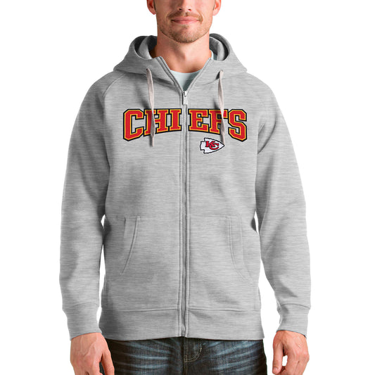 Men's Antigua Heathered Gray Kansas City Chiefs Wordmark Victory Full-Zip Hoodie