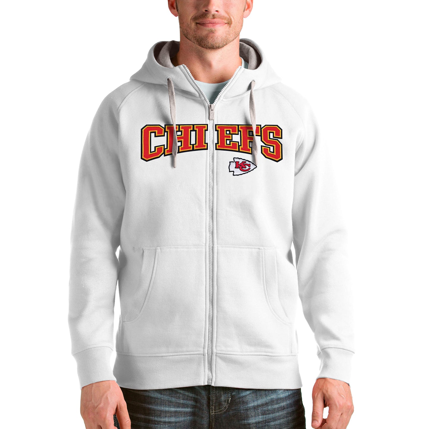 Men's Antigua White Kansas City Chiefs Wordmark Victory Full-Zip Hoodie