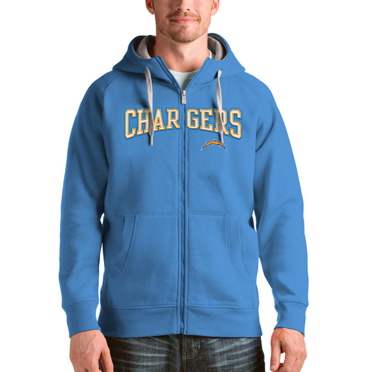 Men's Antigua Powder Blue Los Angeles Chargers Wordmark Victory Full-Zip Hoodie