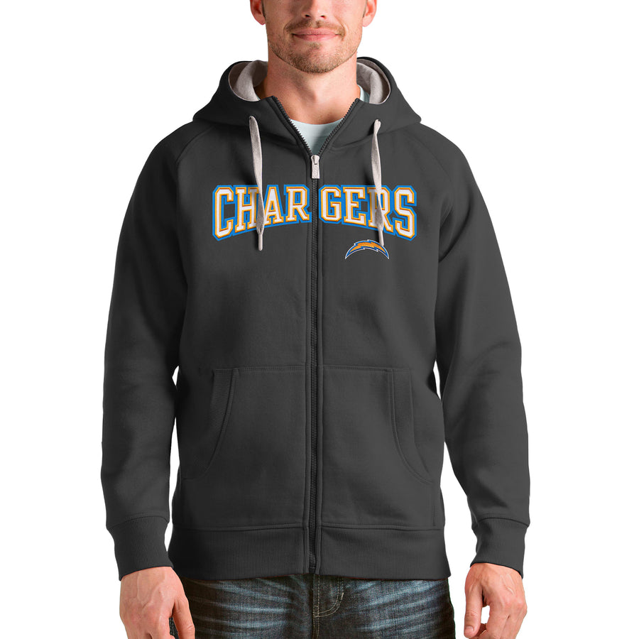 Men's Antigua Charcoal Los Angeles Chargers Wordmark Victory Full-Zip Hoodie