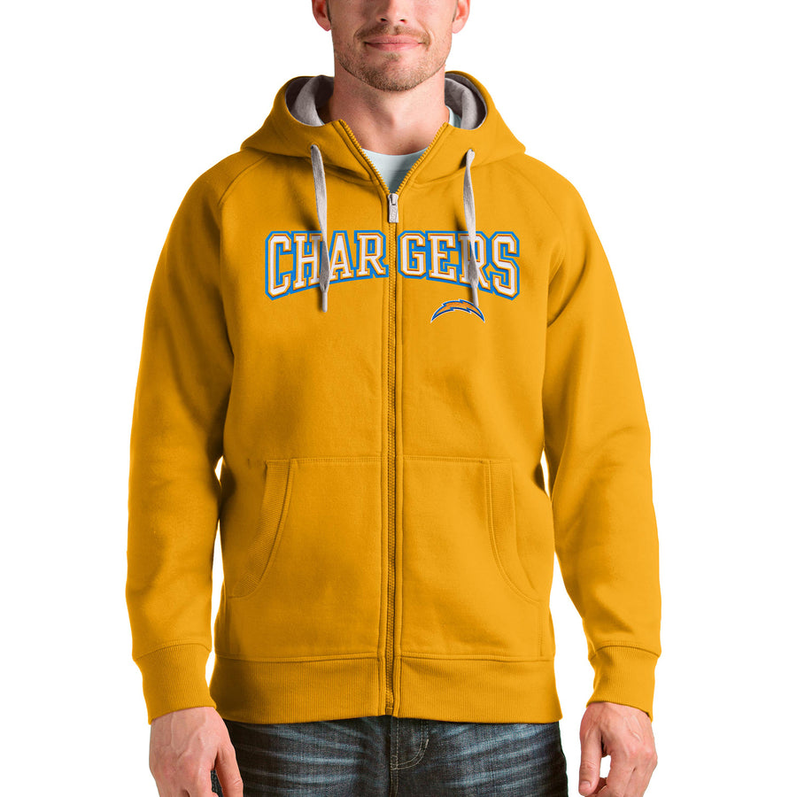 Men's Antigua Gold Los Angeles Chargers Wordmark Victory Full-Zip Hoodie