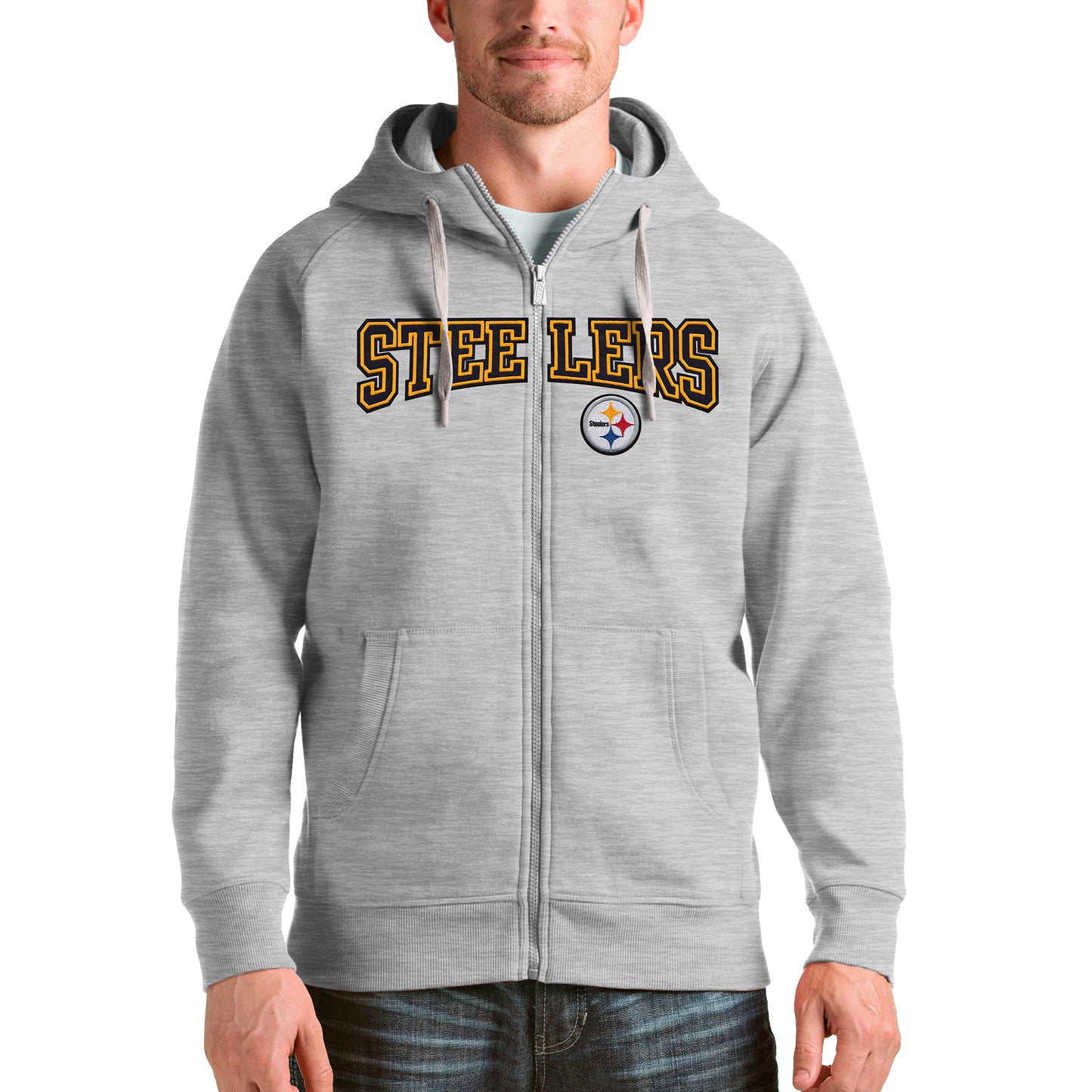 Men's Antigua Heathered Gray Pittsburgh Steelers Wordmark Victory Full-Zip Hoodie