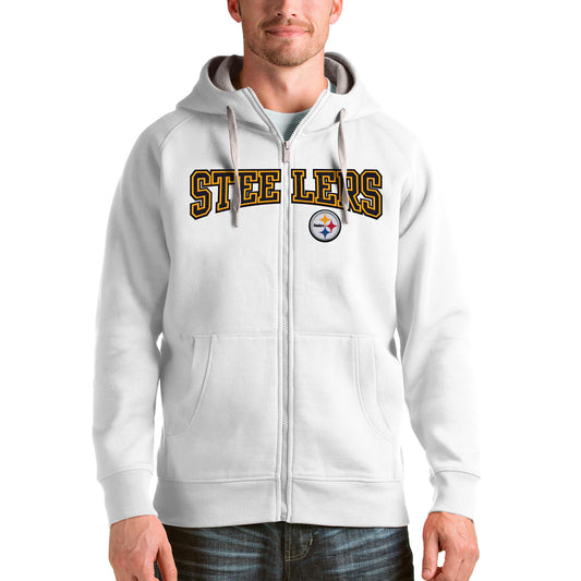 Men's Antigua White Pittsburgh Steelers Wordmark Victory Full-Zip Hoodie