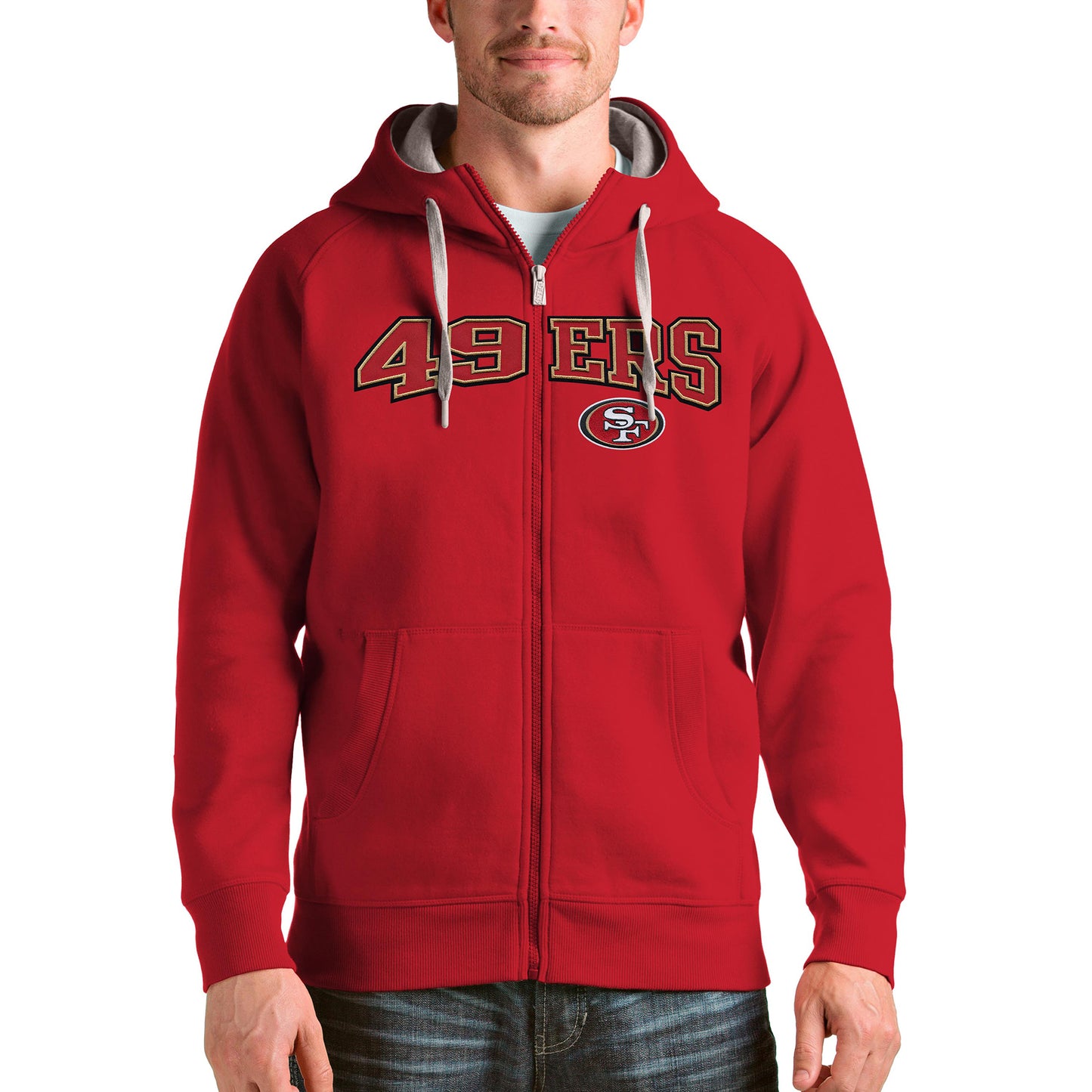 Men's Antigua Scarlet San Francisco 49ers Wordmark Victory Full-Zip Hoodie