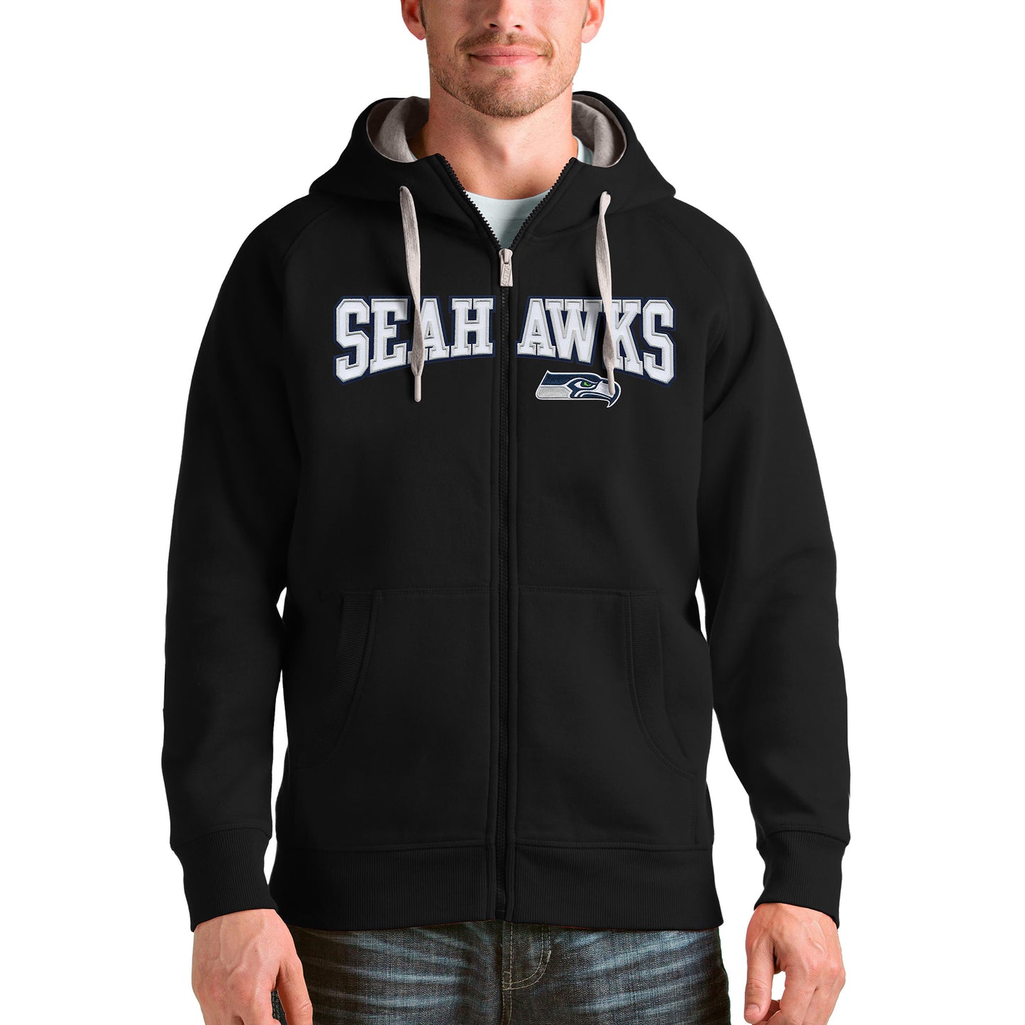 Men's Antigua Black Seattle Seahawks Wordmark Victory Full-Zip Hoodie