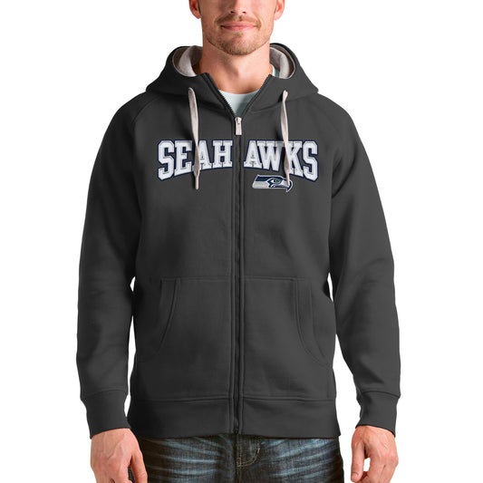 Men's Antigua Charcoal Seattle Seahawks Wordmark Victory Full-Zip Hoodie