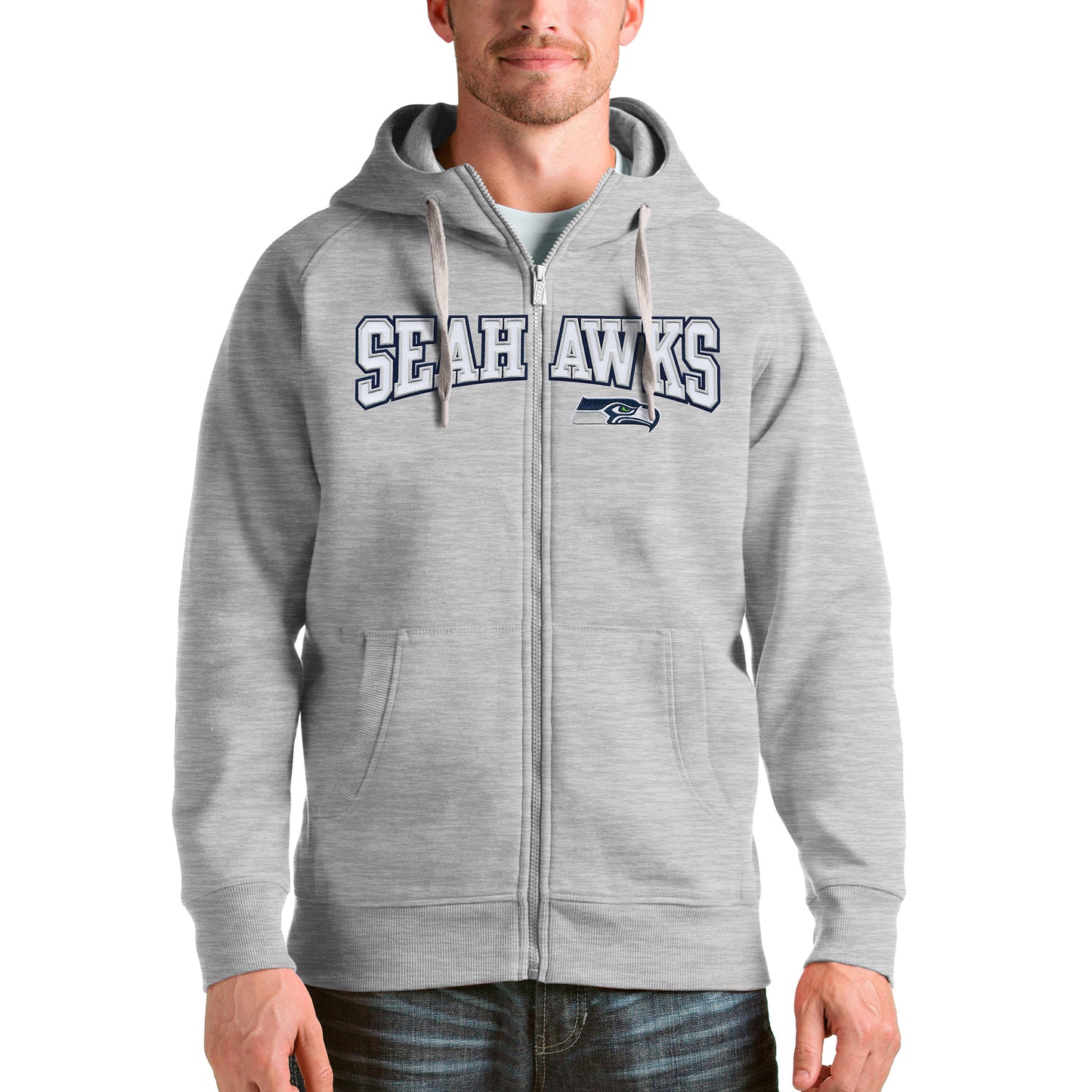 Men's Antigua Heathered Gray Seattle Seahawks Wordmark Victory Full-Zip Hoodie