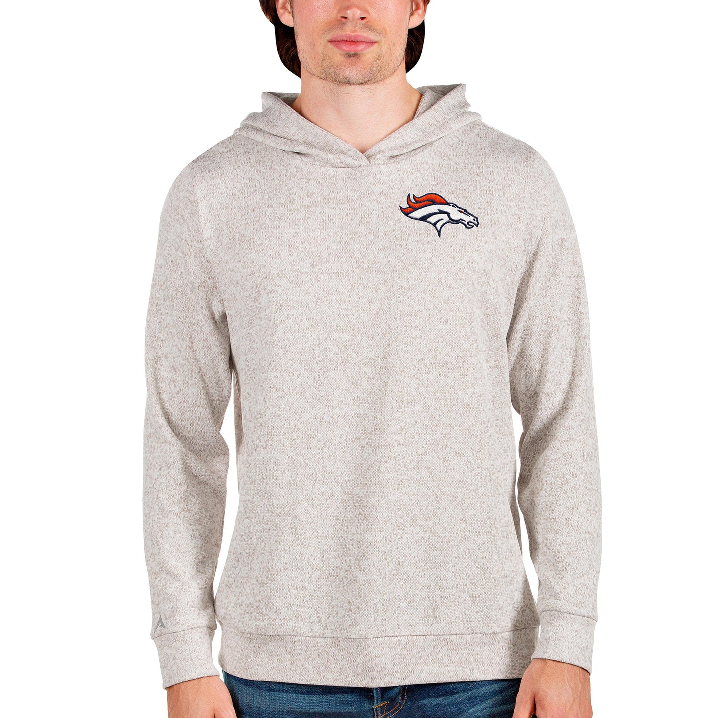 Men's Antigua Oatmeal Denver Broncos Absolute Pullover Hoodie