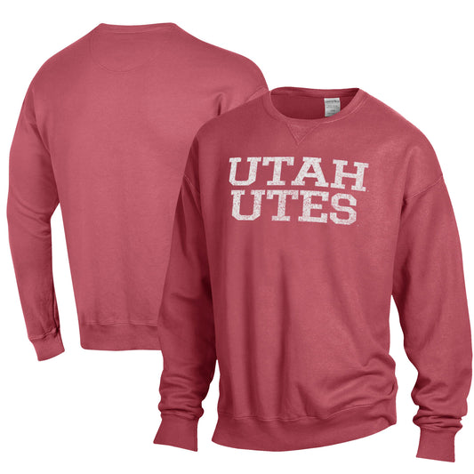 Men's ComfortWash Red Utah Utes Garment Dyed Fleece Crewneck Pullover Sweatshirt