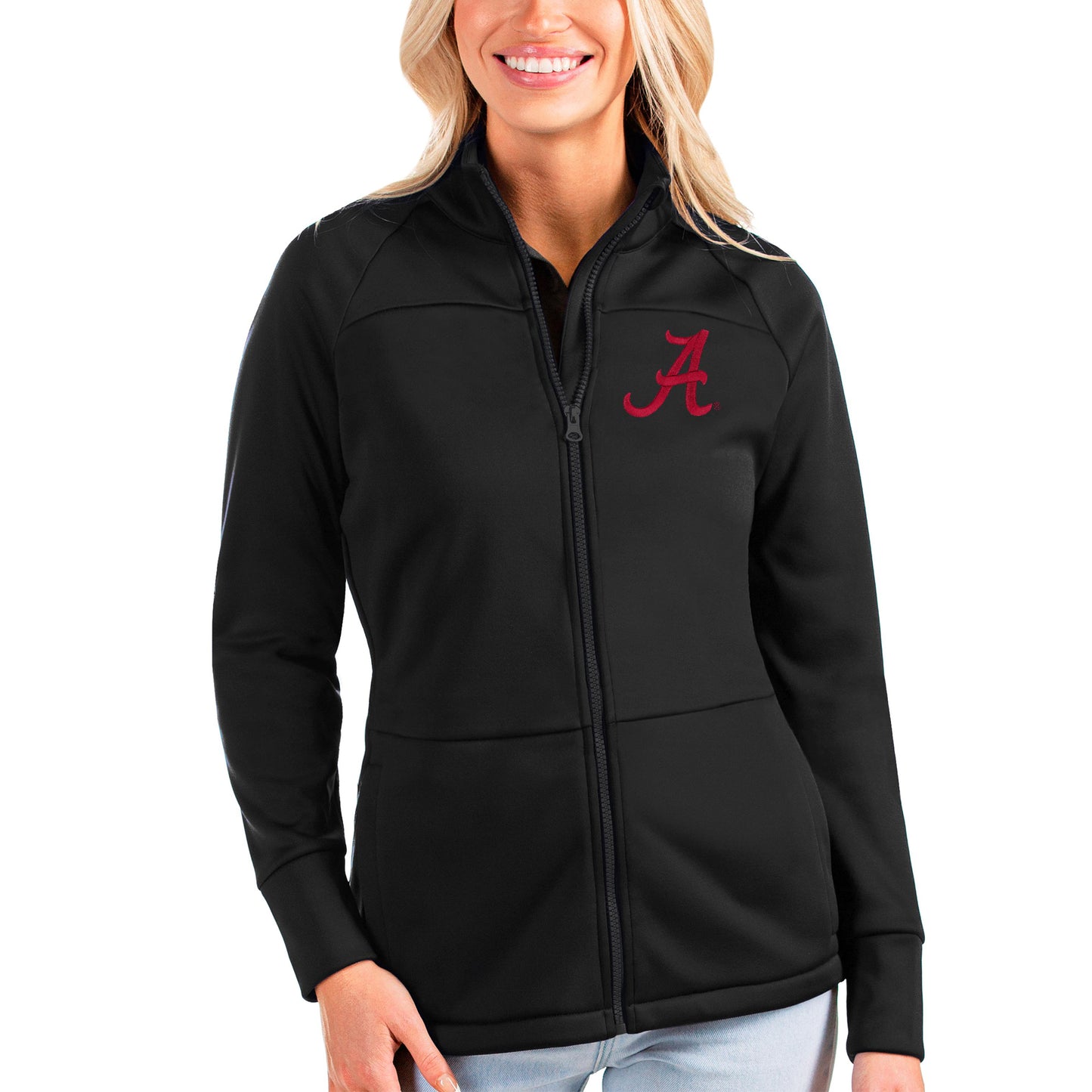 Women's Antigua Black Alabama Crimson Tide Links Full-Zip Golf Jacket