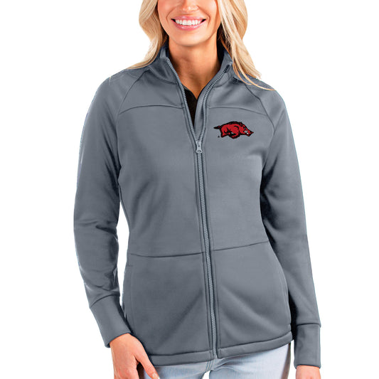 Women's Antigua Silver Arkansas Razorbacks Links Full-Zip Raglan Golf Jacket