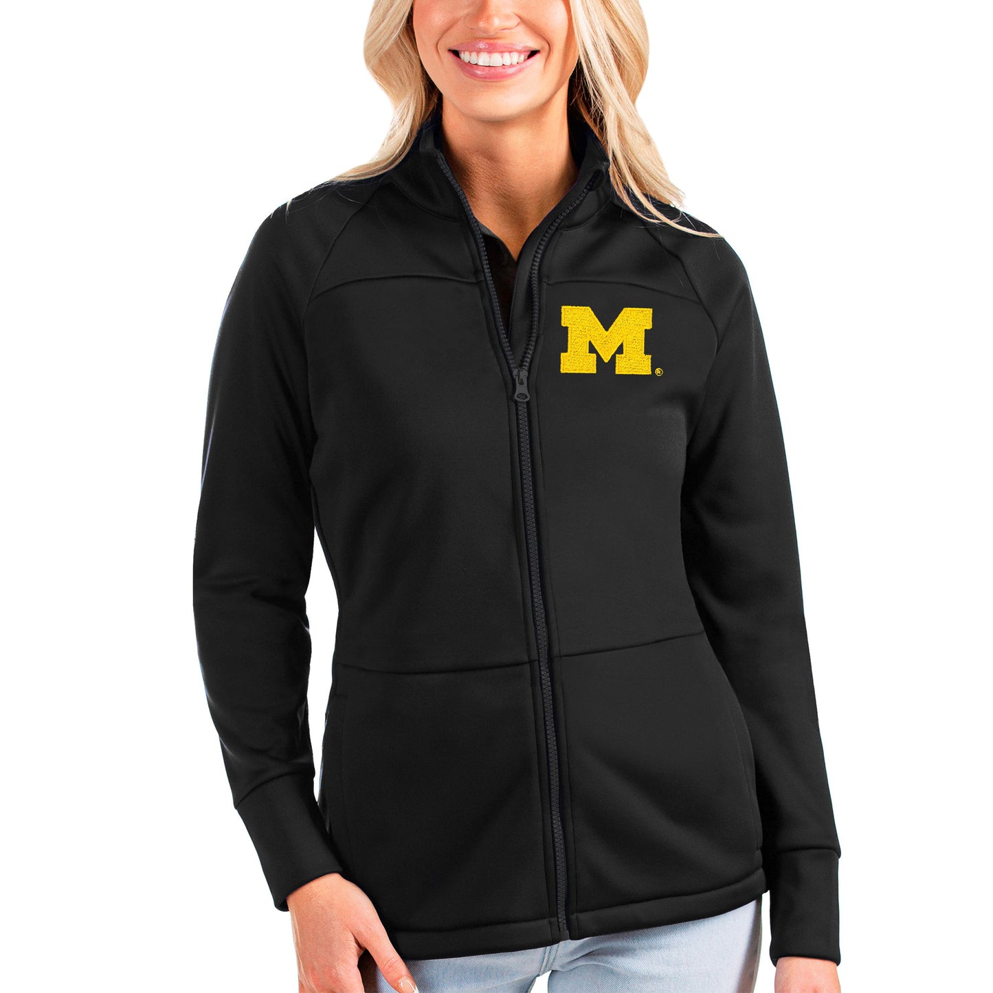 Women's Antigua Black Michigan Wolverines Links Full-Zip Golf Jacket