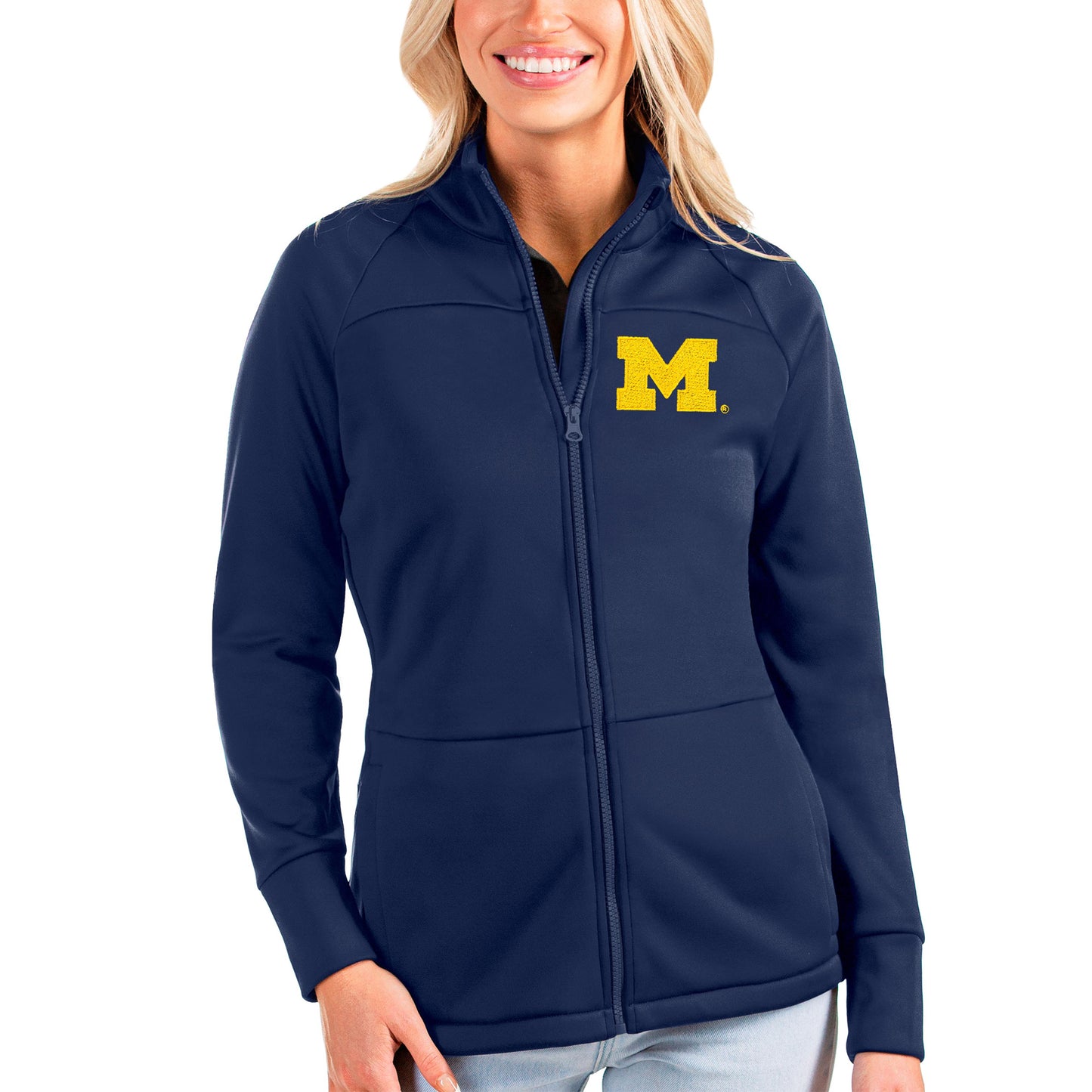 Women's Antigua Navy Michigan Wolverines Links Full-Zip Golf Jacket