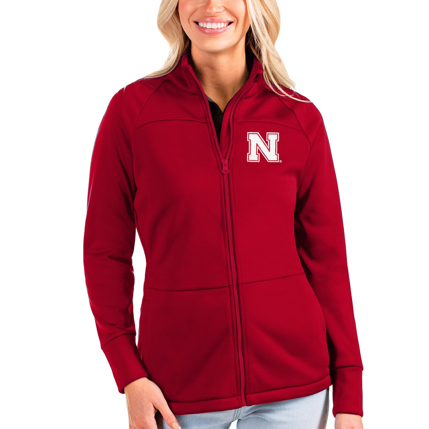 Women's Antigua Scarlet Nebraska Huskers Links Full-Zip Golf Jacket