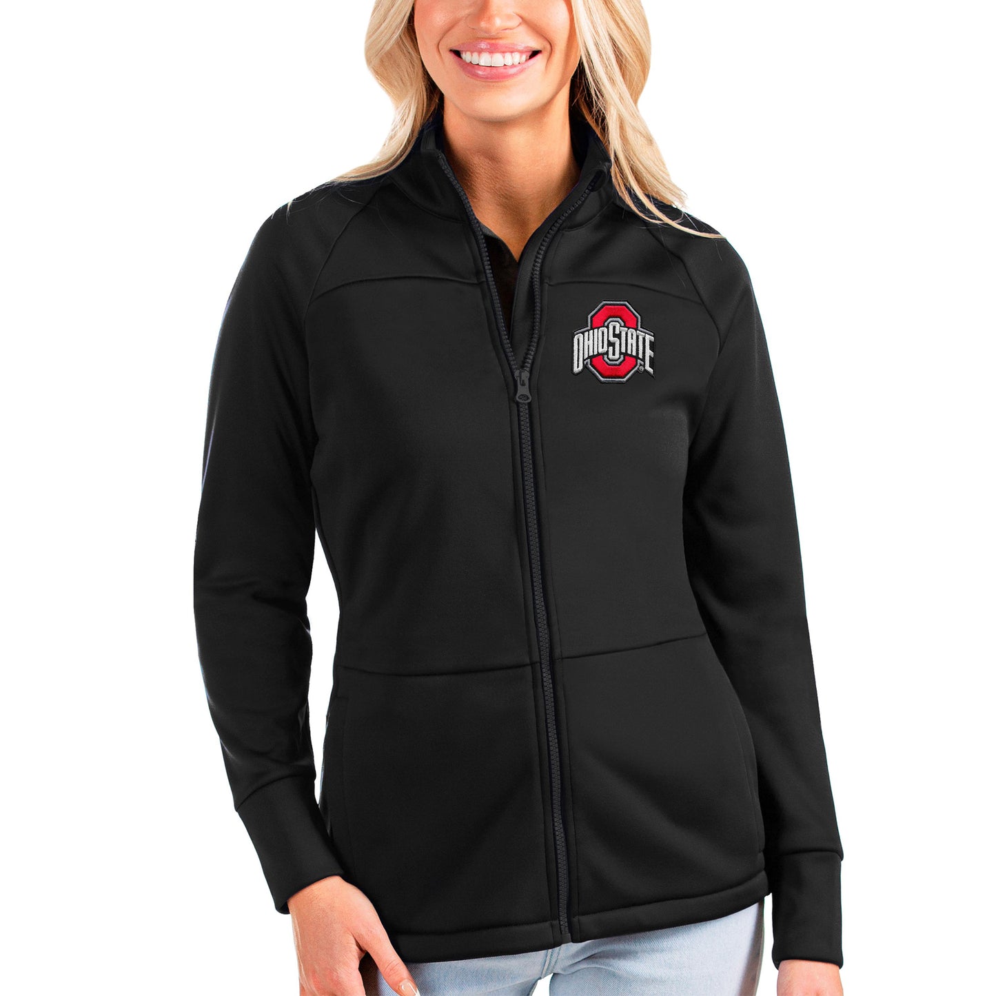 Women's Antigua Black Ohio State Buckeyes Links Full-Zip Golf Jacket