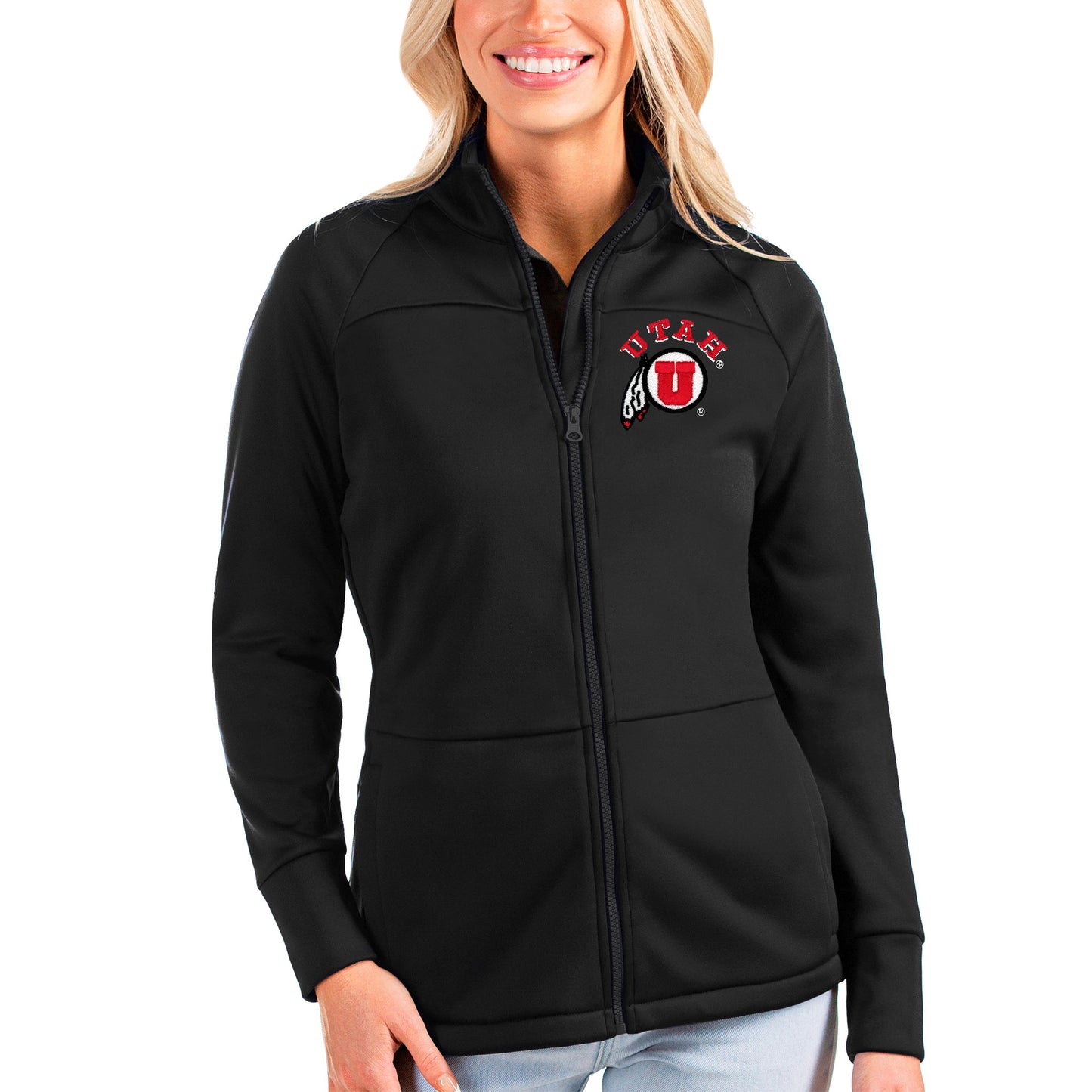 Women's Antigua Black Utah Utes Links Full-Zip Golf Jacket