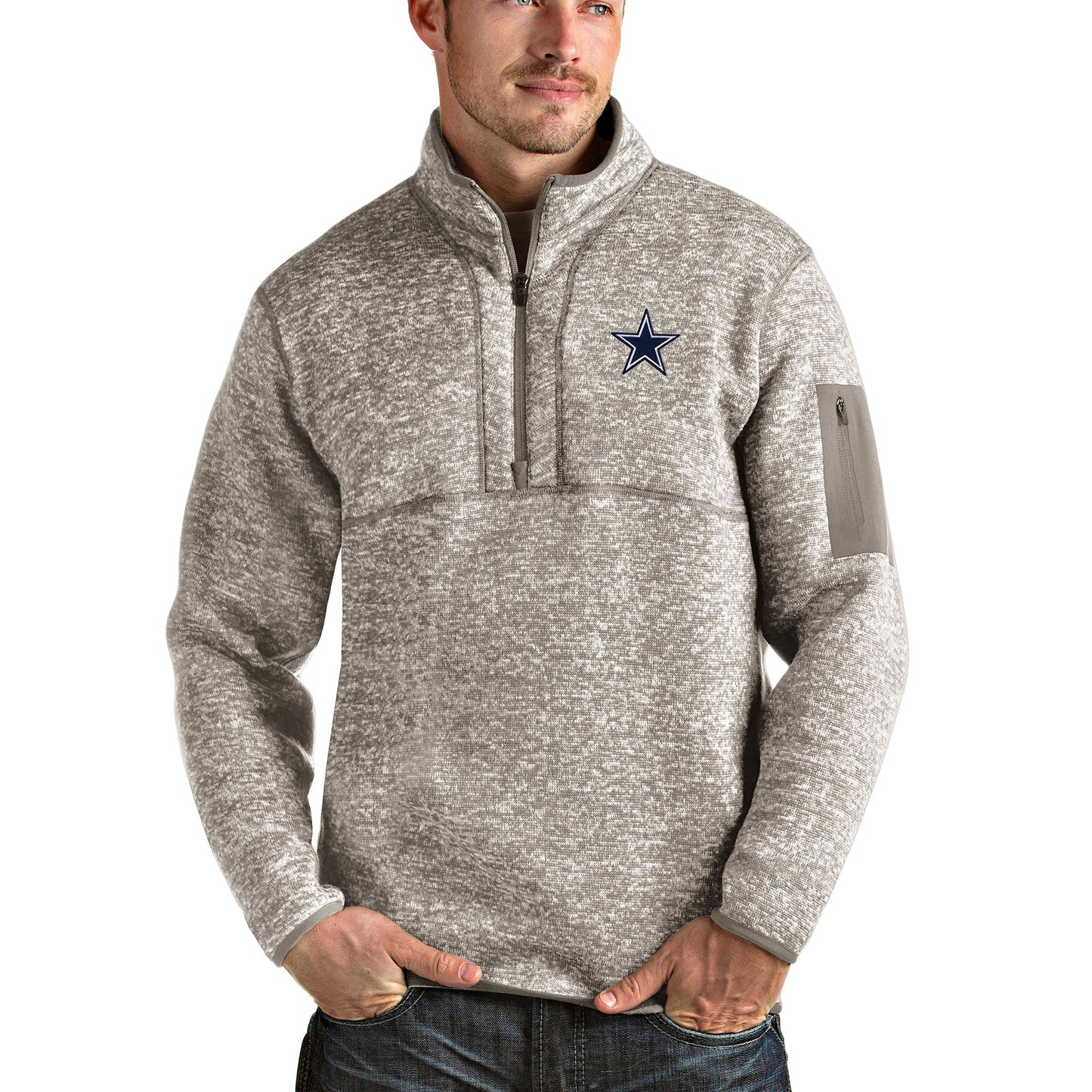 Men's Antigua Oatmeal Dallas Cowboys Fortune Quarter-Zip Pullover Jacket