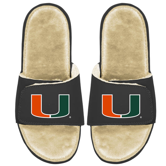 Men's ISlide Black/Tan Miami Hurricanes Faux Fur Slide Sandals