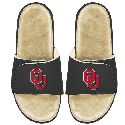 Men's ISlide Black/Tan Oklahoma Sooners Faux Fur Slide Sandals