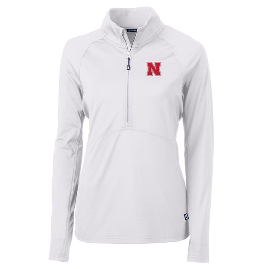 Women's Cutter & Buck White Nebraska Huskers Adapt Eco Knit Half-Zip Pullover Jacket