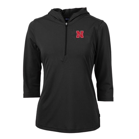 Women's Cutter & Buck Black Nebraska Huskers Virtue Eco Pique Half-Zip 3/4 Sleeve Pullover Hoodie