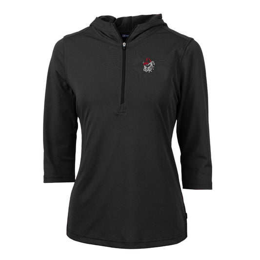 Women's Cutter & Buck Black Georgia Bulldogs Virtue Eco Pique Half-Zip 3/4 Sleeve Pullover Hoodie