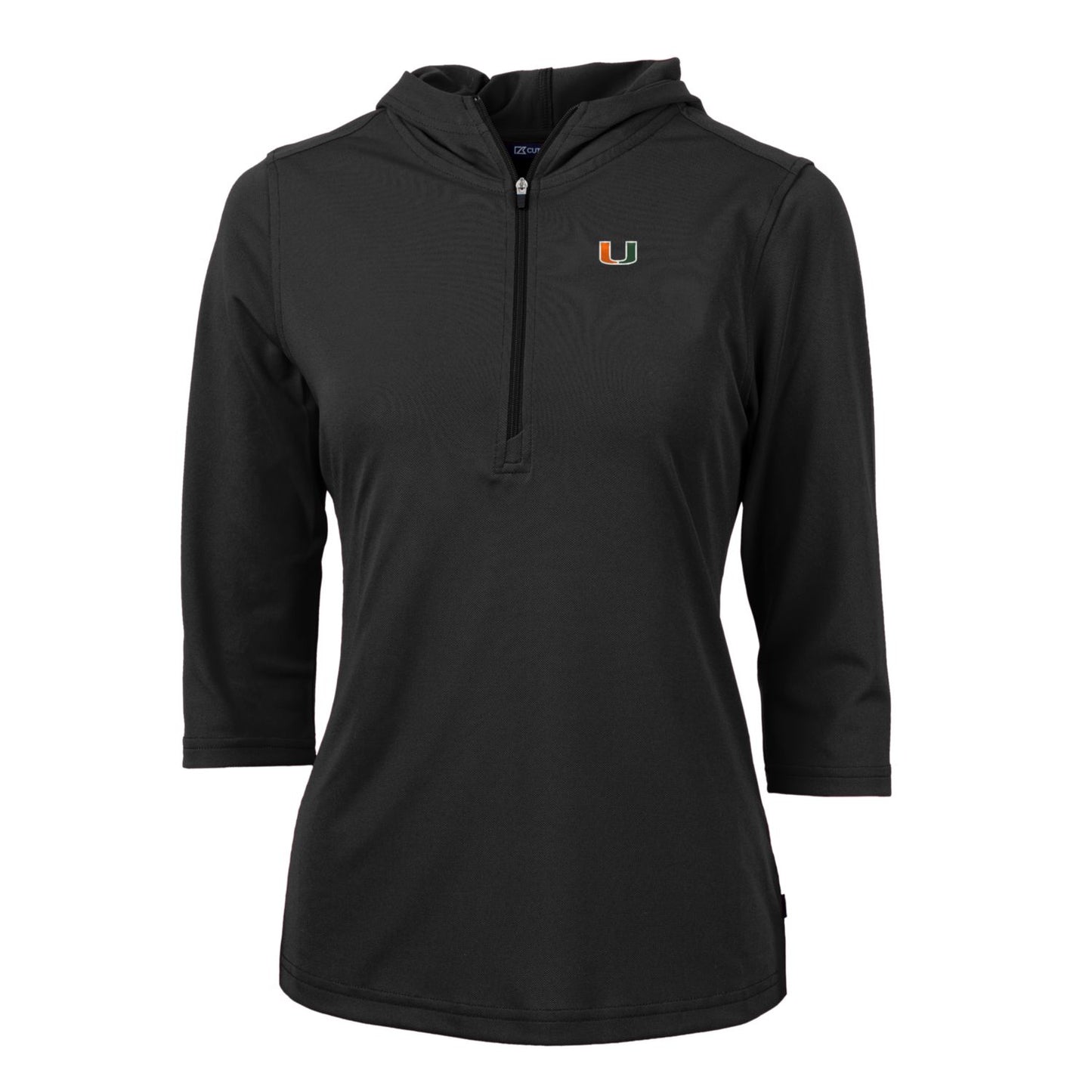 Women's Cutter & Buck Black Miami Hurricanes Virtue Eco Pique Half-Zip 3/4 Sleeve Pullover Hoodie