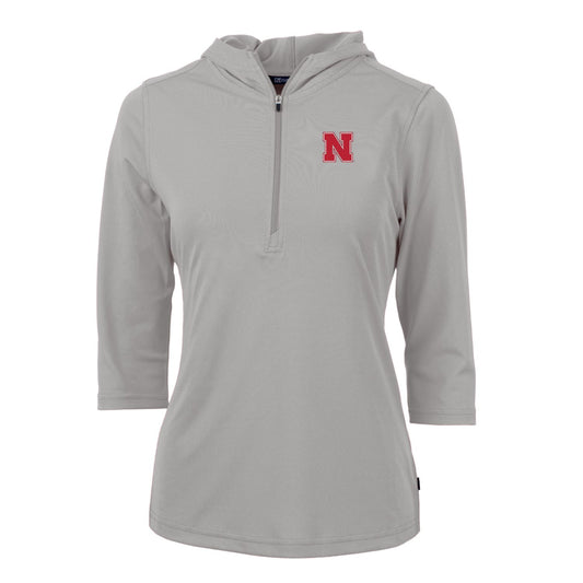 Women's Cutter & Buck Silver Nebraska Huskers Virtue Eco Pique Half-Zip 3/4 Sleeve Pullover Hoodie