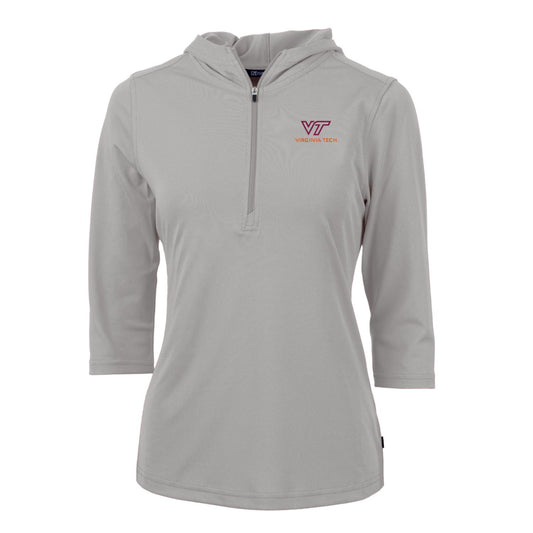 Women's Cutter & Buck Silver Virginia Tech Hokies Virtue Eco Pique Half-Zip 3/4 Sleeve Pullover Hoodie