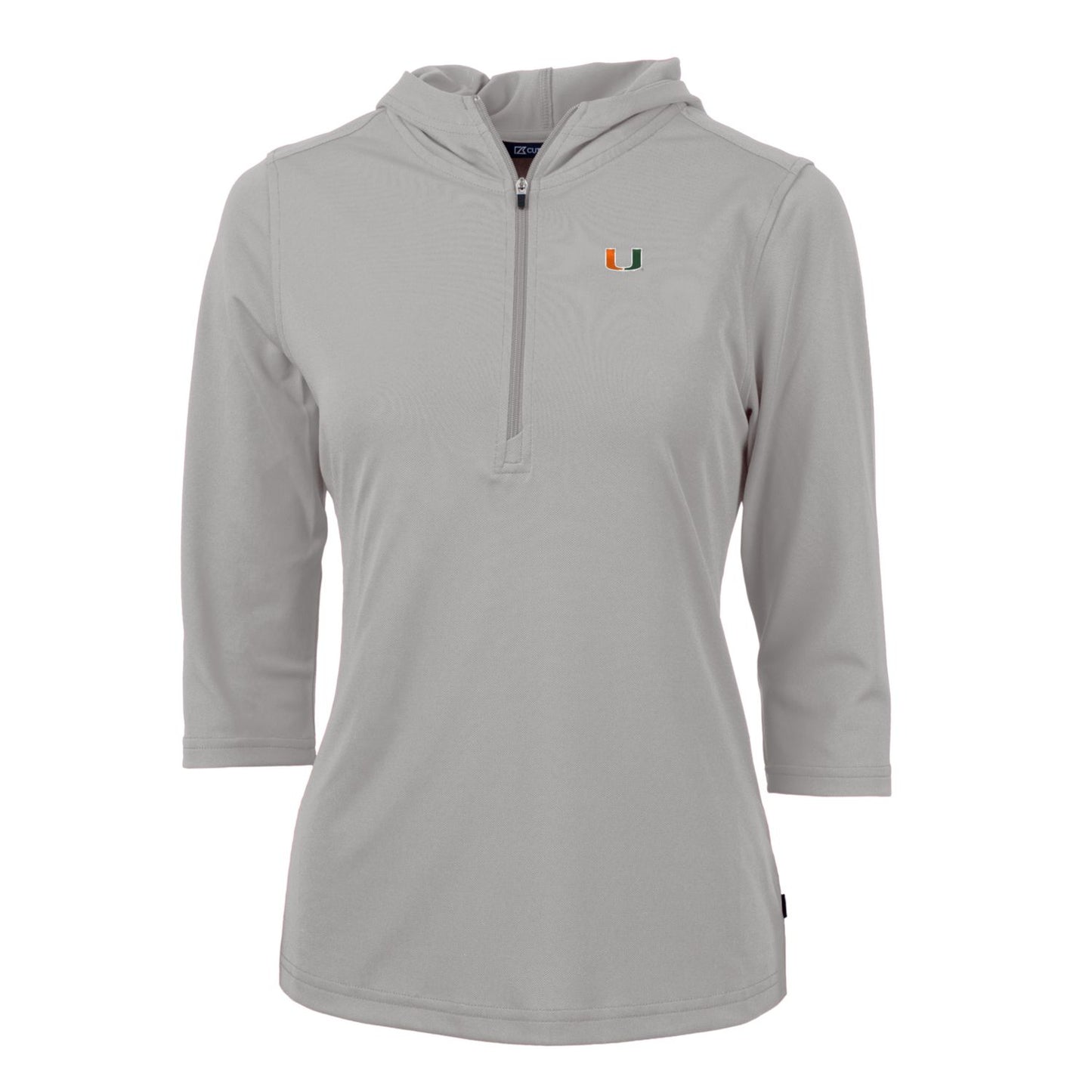 Women's Cutter & Buck Silver Miami Hurricanes Virtue Eco Pique Half-Zip 3/4 Sleeve Pullover Hoodie