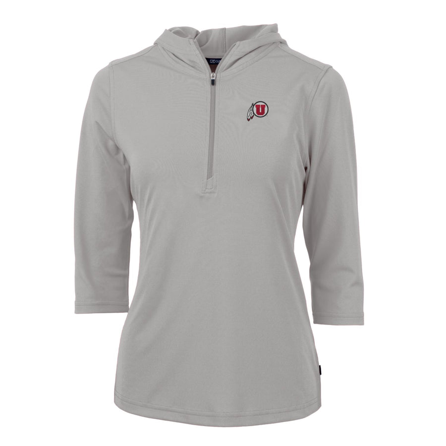 Women's Cutter & Buck Silver Utah Utes Virtue Eco Pique Half-Zip 3/4 Sleeve Pullover Hoodie