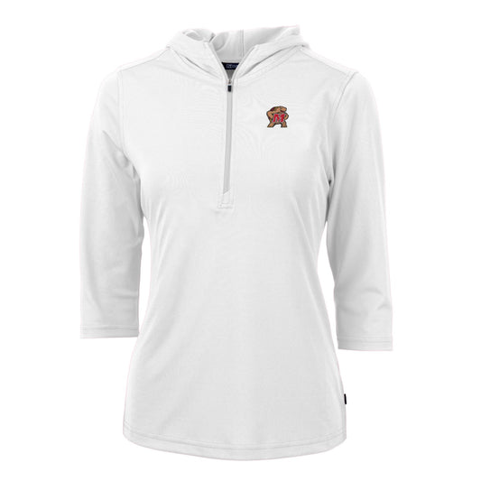 Women's Cutter & Buck White Maryland Terrapins Virtue Eco Pique Half-Zip 3/4 Sleeve Pullover Hoodie