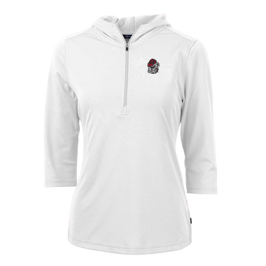 Women's Cutter & Buck White Georgia Bulldogs Virtue Eco Pique Half-Zip 3/4 Sleeve Pullover Hoodie