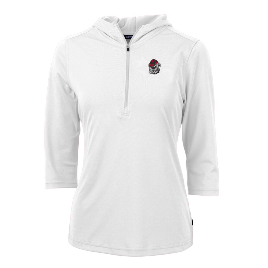 Women's Cutter & Buck White Georgia Bulldogs Virtue Eco Pique Half-Zip 3/4 Sleeve Pullover Hoodie