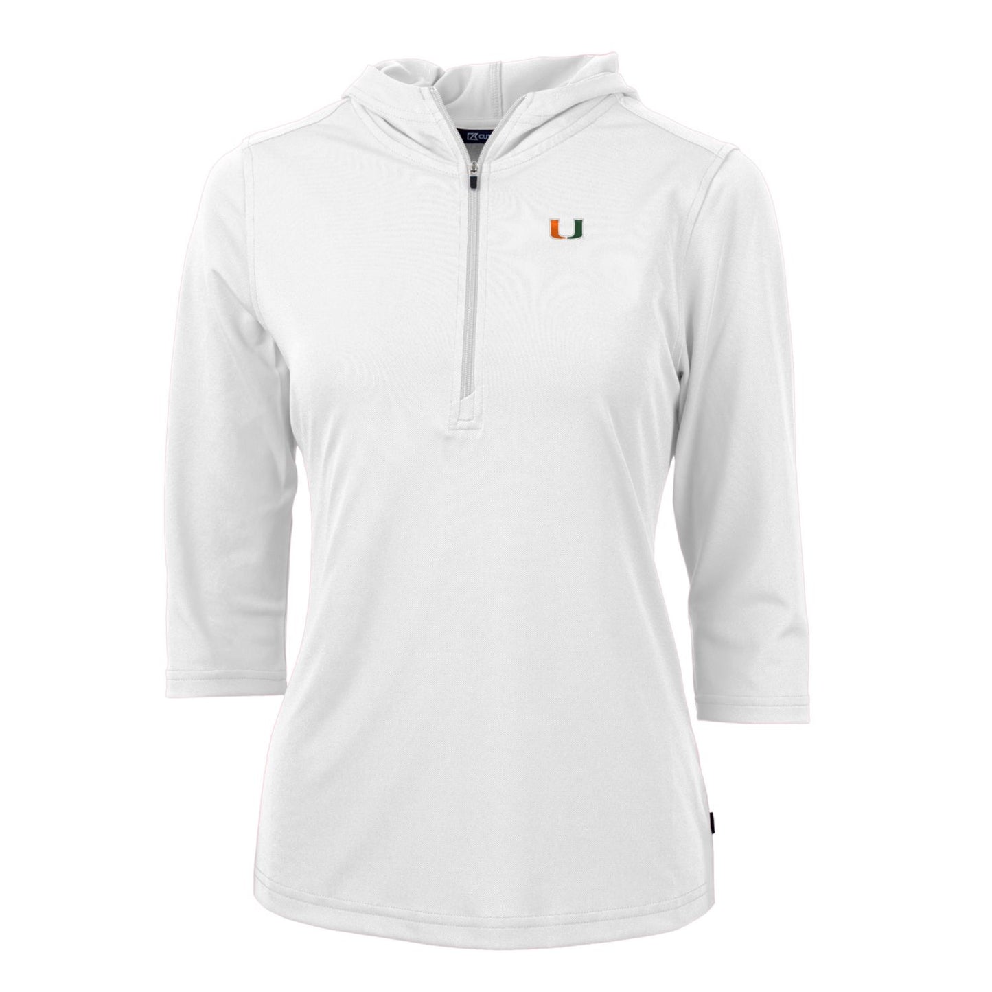 Women's Cutter & Buck White Miami Hurricanes Virtue Eco Pique Half-Zip 3/4 Sleeve Pullover Hoodie