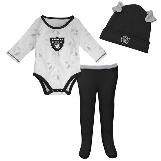 Newborn & Infant White/Black Las Vegas Raiders Dream Team Bodysuit Pants & Hat Set