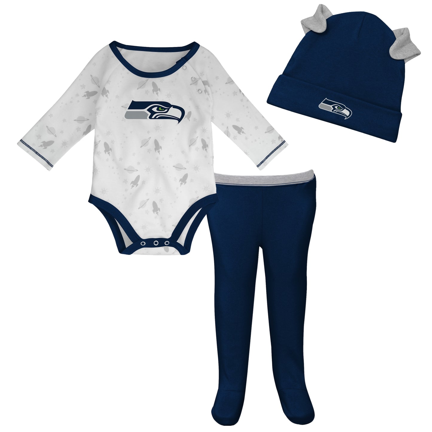 Newborn & Infant White/ Seattle Seahawks Dream Team Bodysuit Pants & Hat Set