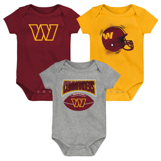 Infant Burgundy/Gold/Heathered Gray Washington Commanders 3-Pack Game On Bodysuit Set