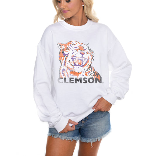 Women's Gameday Couture White Clemson Tigers Run It Back Perfect Crewneck Pullover Sweatshirt