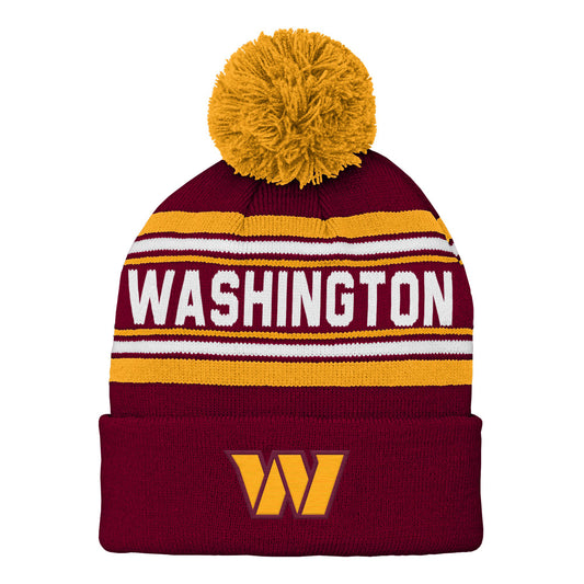 Youth Burgundy Washington Commanders Jacquard Cuffed Knit Hat with Pom